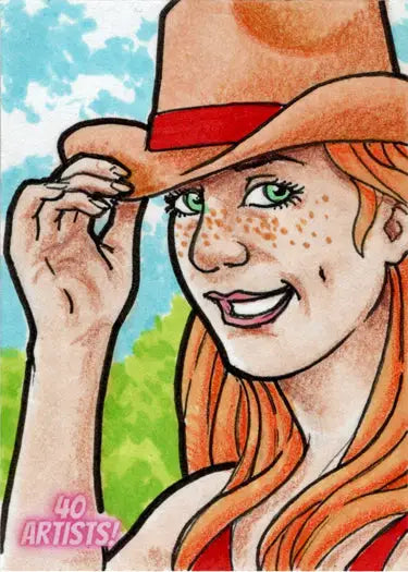 Smiling woman with freckles in cowboy hat promoting Dan Lawler sketch card master set