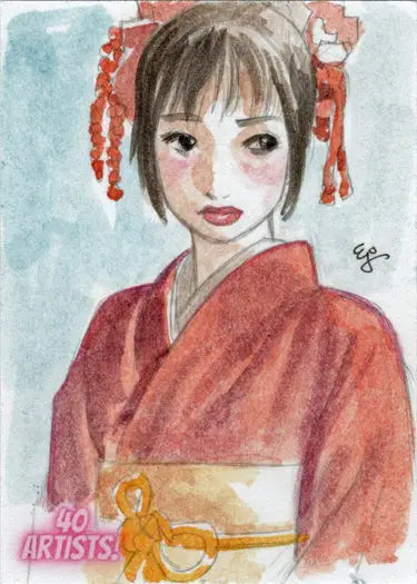 Watercolor portrait of a young woman in red kimono for 5finity Sketch Card set