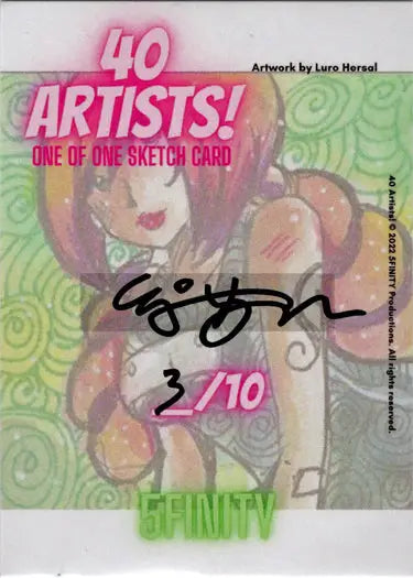 Stylized cartoon figure with pink hair on a sketch card from 5finity Master Set