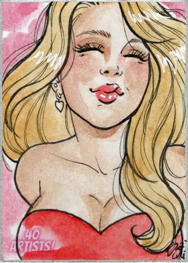 Stylized illustration of a blonde woman with red lips on Elfie Lebouleux sketch card