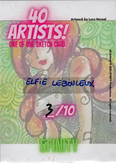 Stylized cartoon character with red hair on a sketch card by Elfie Lebouleux