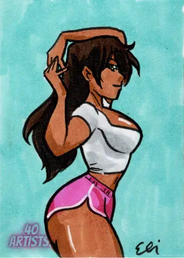 Stylized illustration of a fit woman in athletic attire from Eli Benik’s sketch card master set