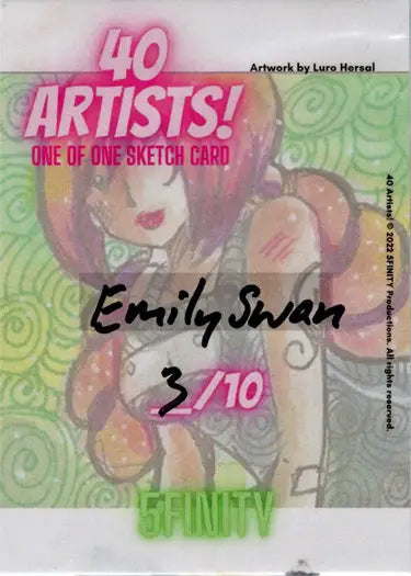 Sketch card by Emily Swan featuring a pink-haired cartoon figure on green background