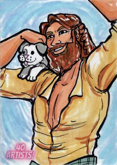 Cartoon sketch card by Emily Swan featuring a bearded man in a yellow shirt and dog