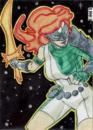 Stylized cartoon character by Eric Van Elslande with fiery red hair in cosmic setting