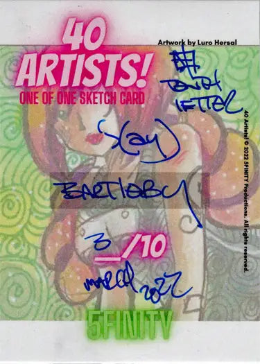 Trading card featuring 40 Artists text and signatures from the 5finity Sketch Card series