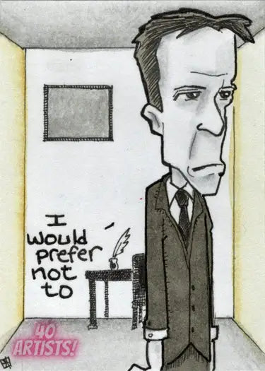 Cartoon drawing of a stern man in suit for 5finity 2022 Sketch Card master set