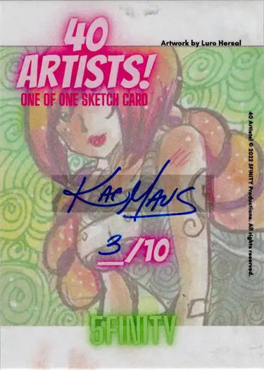 Trading card of Kat Maus with pink hair against a green swirl, part of a master set