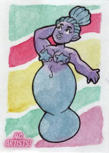 Purple mermaid in star-shaped top and blue-gray tail from 5finity Sketch Card by Kate Carleton