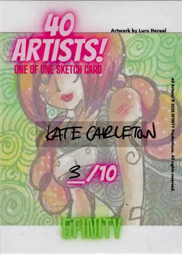 Stylized cartoon figure with pink hair on a swirly green background sketch card by Kate Carleton