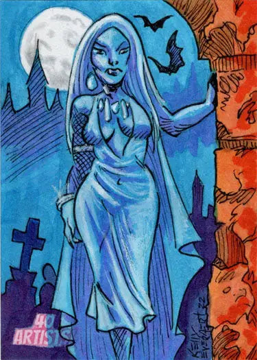 Blue-skinned female figure in a dress on 5finity sketch card by Kelly Everaert