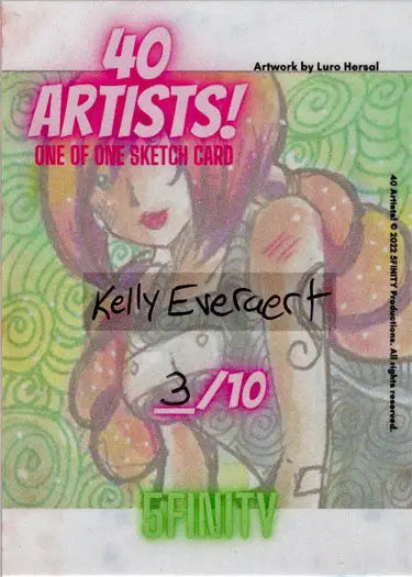 Sketch card by Kelly Everaert featuring a pink-haired figure on a green swirl background