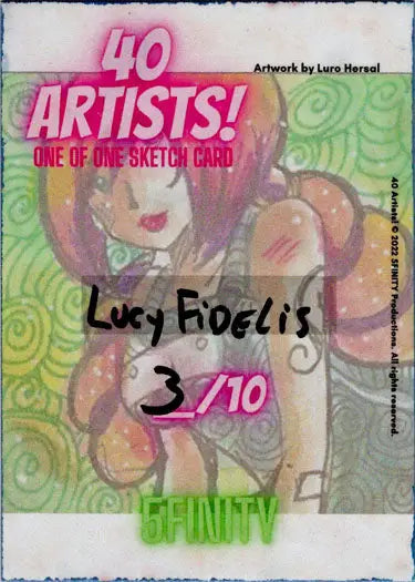 Sketch card by Lucy Fidelis featuring a cartoon face with pink hair and green background