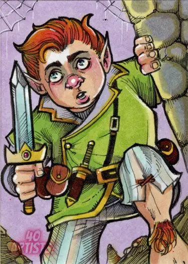 Cartoon character in green clothing with sword, featured in 5finity Sketch Card by Michael Mastermaker