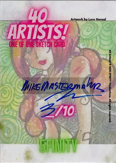 Stylized cartoon woman with pink hair on a sketch card by Michael Mastermaker