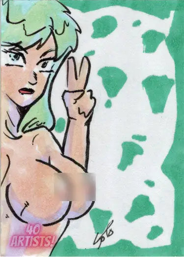 Stylized illustration of a woman with green hair on an Omar Soto sketch card