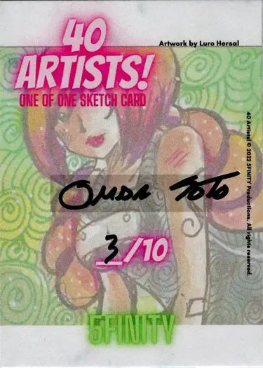 Stylized cartoon character sketch card by Omar Soto in swirling green background