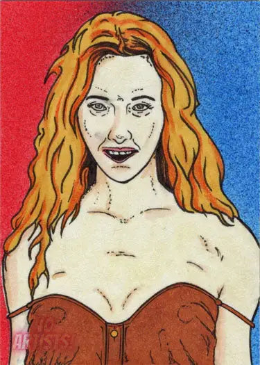 Portrait of a woman with long wavy red hair in a red top on a Rusty Gilligan sketch card