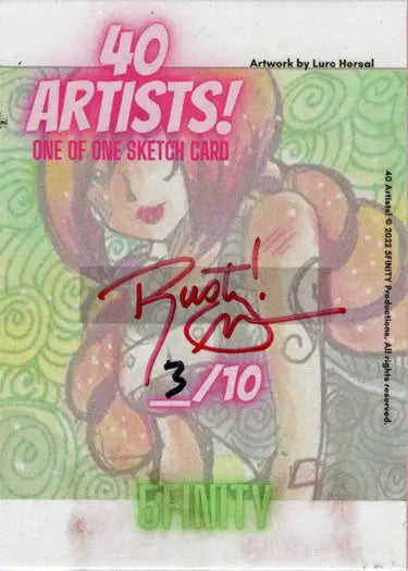 Sketch card by Rusty Gilligan featuring cartoon figure with pink hair and green background