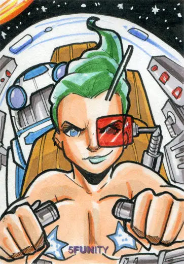 Stylized cartoon portrait of a futuristic space pilot by Michael Locoduck Duron on a sketch card