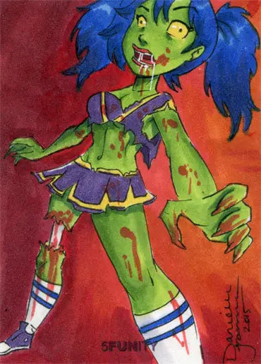 Cheerleaders sketch card featuring zombie cheerleader with blue pigtails by Danielle Gransaull