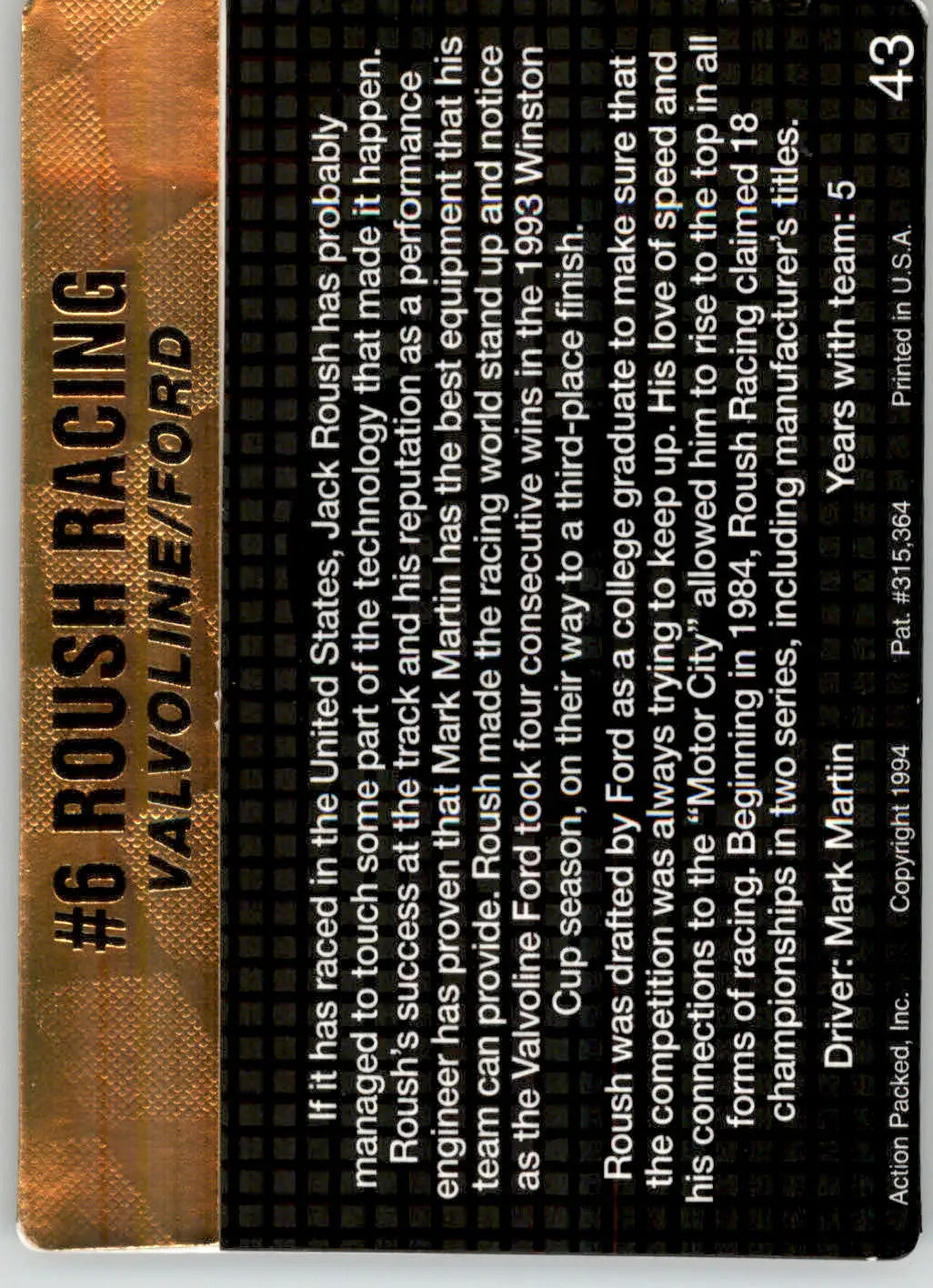 #6 Roush Racing - 1994 Action Packed - #43 - Racing