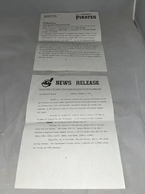 Two news release documents for Cleveland Indians trade featuring Bert Blyleven and Manny Sanguillen