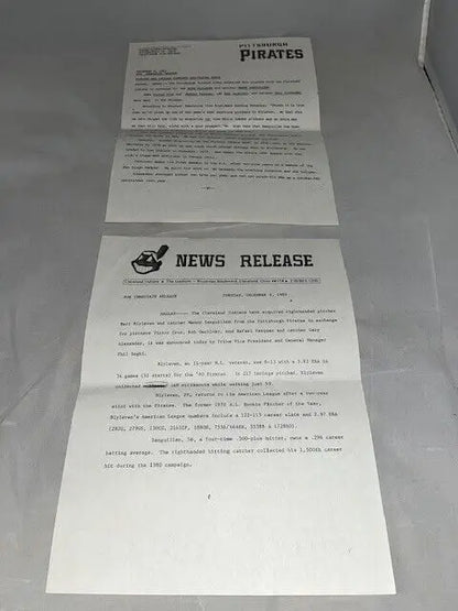 Two news release documents for Cleveland Indians trade featuring Bert Blyleven and Manny Sanguillen