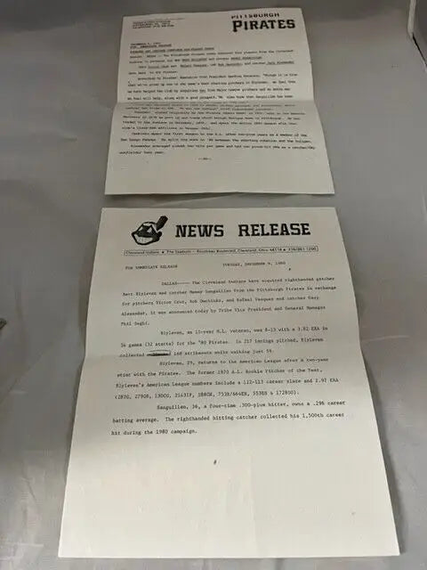 Two Pittsburgh Pirates press releases about the Cleveland Indians trade details