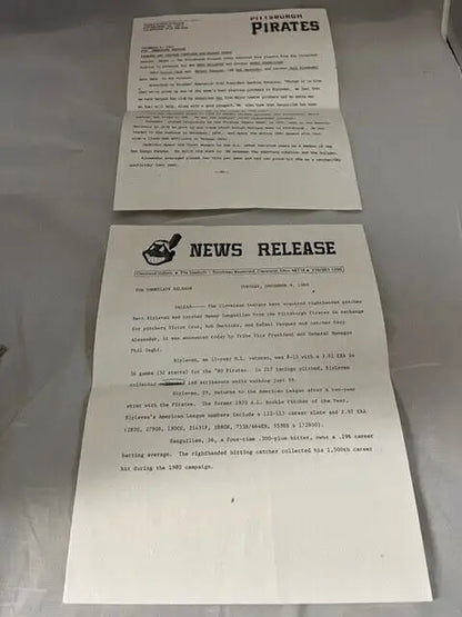 Two Pittsburgh Pirates press releases about the Cleveland Indians trade details