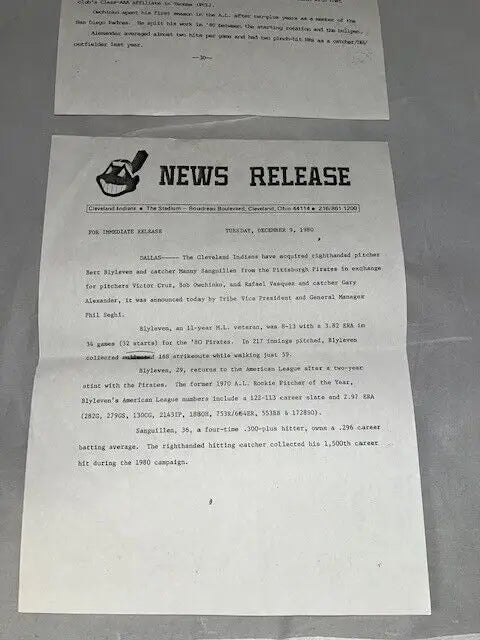 Cleveland Indians trade press release featuring 80 Bert Blyleven and Manny Sanguillen