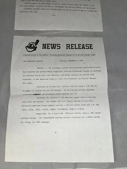 Cleveland Indians trade press release featuring 80 Bert Blyleven and Manny Sanguillen