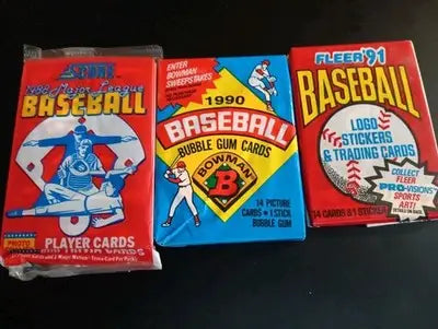 ’88 Score ’90 Bowman ’91 Fleer - LOT of 3 sealed baseball wax packs. 45+ cards - Sealed: Baseball Card Box