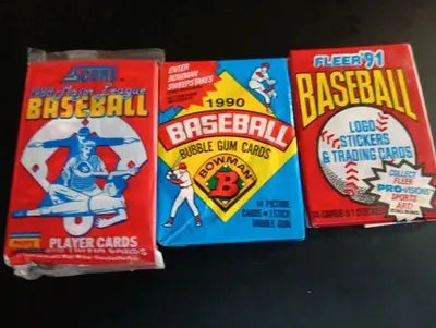 ’88 Score ’90 Bowman ’91 Fleer - LOT of 3 sealed baseball wax packs. 45+ cards - Sealed: Baseball Card Box