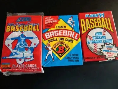 ’88 Score ’90 Bowman ’91 Fleer - LOT of 3 sealed baseball wax packs. 45+ cards - Sealed: Baseball Card Box