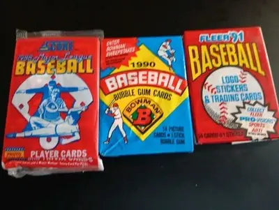 ’88 Score ’90 Bowman ’91 Fleer - LOT of 3 sealed baseball wax packs. 45+ cards - Sealed: Baseball Card Box