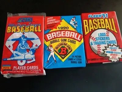 ’88 Score ’90 Bowman ’91 Fleer - LOT of 3 sealed baseball wax packs. 45+ cards - Sealed: Baseball Card Box