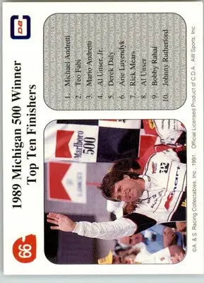 ’89 Michigan 500 Winner Michael Andretti - 1991 All World - #66 - Racing - Racing Card Single