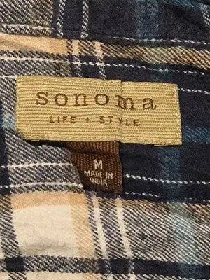 Sonoma Flannel Shirt Womens M Blue White Plaid Button Front Distressed Hole - Apparel