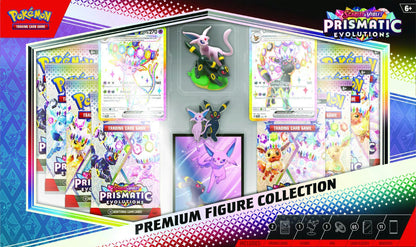 Pokémon Prismatic Evolutions Premium Figure Collection Box Front

Pokémon Prismatic Evolutions Premium Figure Collection Box Back

Pokémon Espeon ex Promo Card

Pokémon Umbreon ex Promo Card

Espeon and Umbreon Premium Figure

Espeon and Umbreon Enamel Pin

Pokémon Prismatic Evolutions Booster Packs

Pokémon Espeon & Umbreon Card Sleeves

Pokémon Premium Collection Box Contents Spread