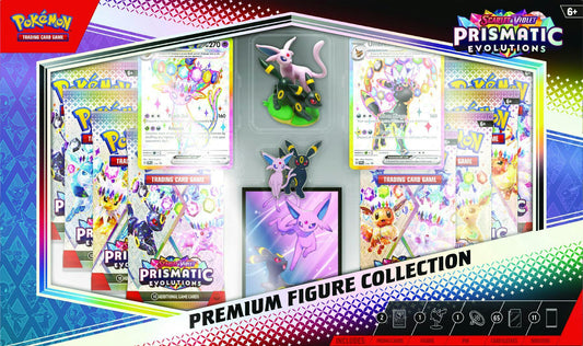 Pokémon Prismatic Evolutions Premium Figure Collection Box Front

Pokémon Prismatic Evolutions Premium Figure Collection Box Back

Pokémon Espeon ex Promo Card

Pokémon Umbreon ex Promo Card

Espeon and Umbreon Premium Figure

Espeon and Umbreon Enamel Pin

Pokémon Prismatic Evolutions Booster Packs

Pokémon Espeon & Umbreon Card Sleeves

Pokémon Premium Collection Box Contents Spread