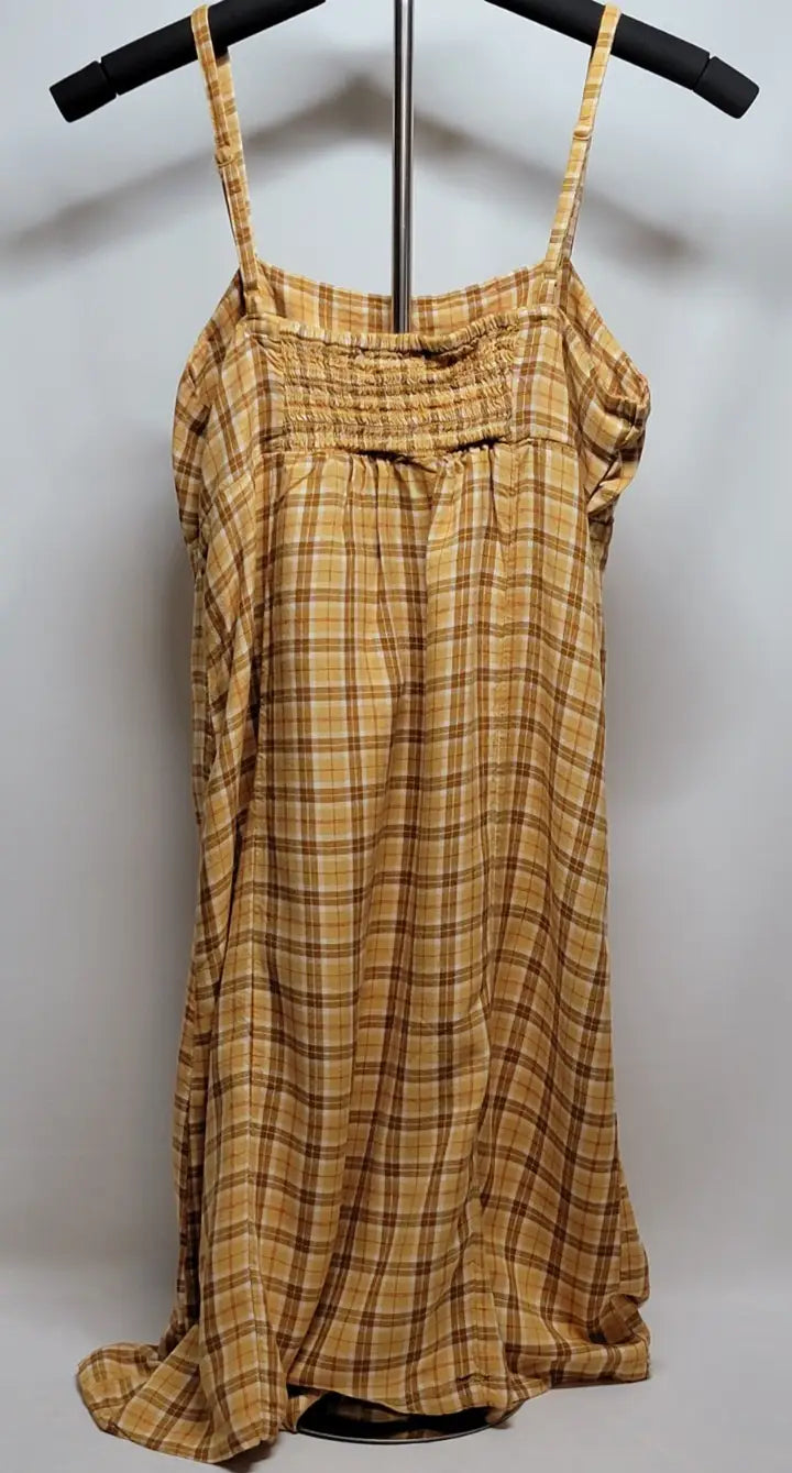 90s yellow plaid mini dress with spaghetti straps and shirred bust for summer style