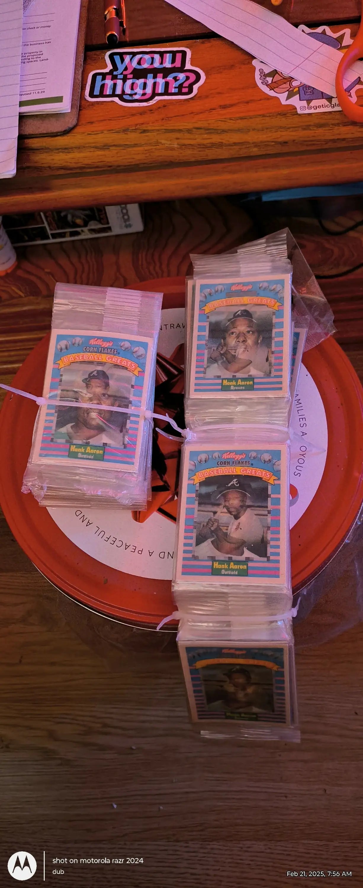 Bundled Kellogg’s Corn Flakes baseball cards in an uncut strip display for collectors