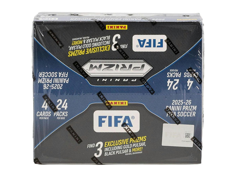 2025/26 Panini Prizm FIFA Soccer 24-Pack Retail Box featuring Silver Prizms, Pulsar parallels, and international club stars.
Back of the 2025/26 Panini Prizm FIFA Soccer Retail Box showing product details and box configuration.
2025/26 Panini Prizm FIFA Soccer retail pack featuring global club players, inserts, and Prizm parallels.
2025/26 Panini Prizm FIFA Soccer cards featuring Color Blast, Sublime, Sensational Signatures, and numbered Pulsars.