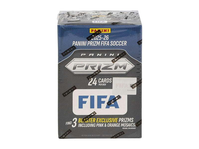 2025/26 Panini Prizm FIFA Soccer Blaster Box featuring exclusive Pink and Orange Mosaic parallels.
Back of the 2025/26 Panini Prizm FIFA Soccer Blaster Box showing product information and box configuration.
2025/26 Panini Prizm FIFA Soccer booster pack with players from top clubs around the world.
2025/26 Panini Prizm FIFA Soccer Mosaic parallels including Pink, Orange, Blue, and Color Blast inserts.