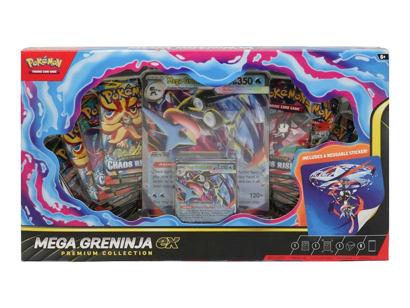 Pokémon Mega Greninja ex Premium Collection Box
Mega Greninja ex foil promo card
Mega Greninja ex oversized lenticular promo card
Pokémon Mega Greninja ex Premium Collection contents
