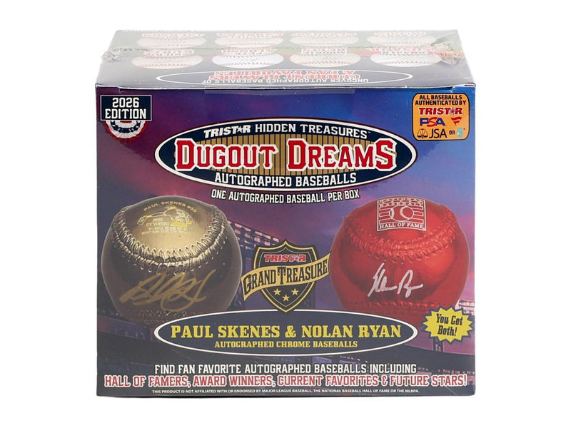 2026 TRISTAR Dugout Dreams Autographed Baseball Box featuring one authenticated signed baseball.
Back of the 2026 TRISTAR Dugout Dreams Autographed Baseball Box showing product details and box configuration.
2026 TRISTAR Dugout Dreams authenticated autographed baseball collectible.
2026 TRISTAR Dugout Dreams promotional sell sheet highlighting Hall of Fame autographs, MLB stars, and the Nolan Ryan and Paul Skenes Grand Treasure.