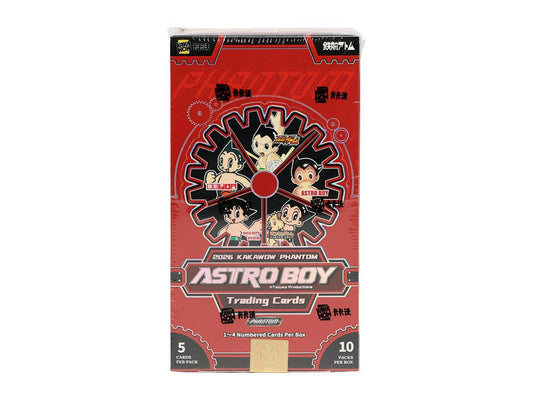 2026 Kakawow Phantom Astro Boy Hobby Box sealed entertainment trading card box featuring limited numbered cards and official signature cards.
Back of the 2026 Kakawow Phantom Astro Boy Hobby Box showing product details and box configuration.
2026 Kakawow Phantom Astro Boy trading card pack artwork.
2026 Kakawow Phantom Astro Boy promotional sell sheet highlighting Ink Wash Style cards, Signature Cards, Internal Mechanism cards, and Ultimashining 1-of-1 chase cards.