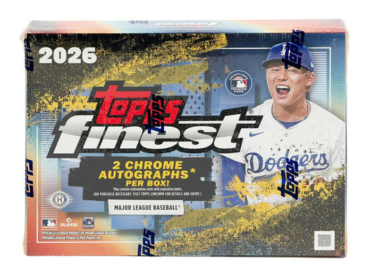 2026 Topps Finest Baseball Delight Box featuring two autographs and exclusive Geometric parallels.
Back of the 2026 Topps Finest Baseball Delight Box showing product details and exclusive Delight content.
2026 Topps Finest Baseball Delight pack featuring premium chromium cards, rookie autographs, and exclusive inserts.
2026 Topps Finest Baseball promotional sell sheet highlighting Finest Rookie Patch Autographs, Headliners, Nightmare Fuel, Aura, and Geometric parallels.
