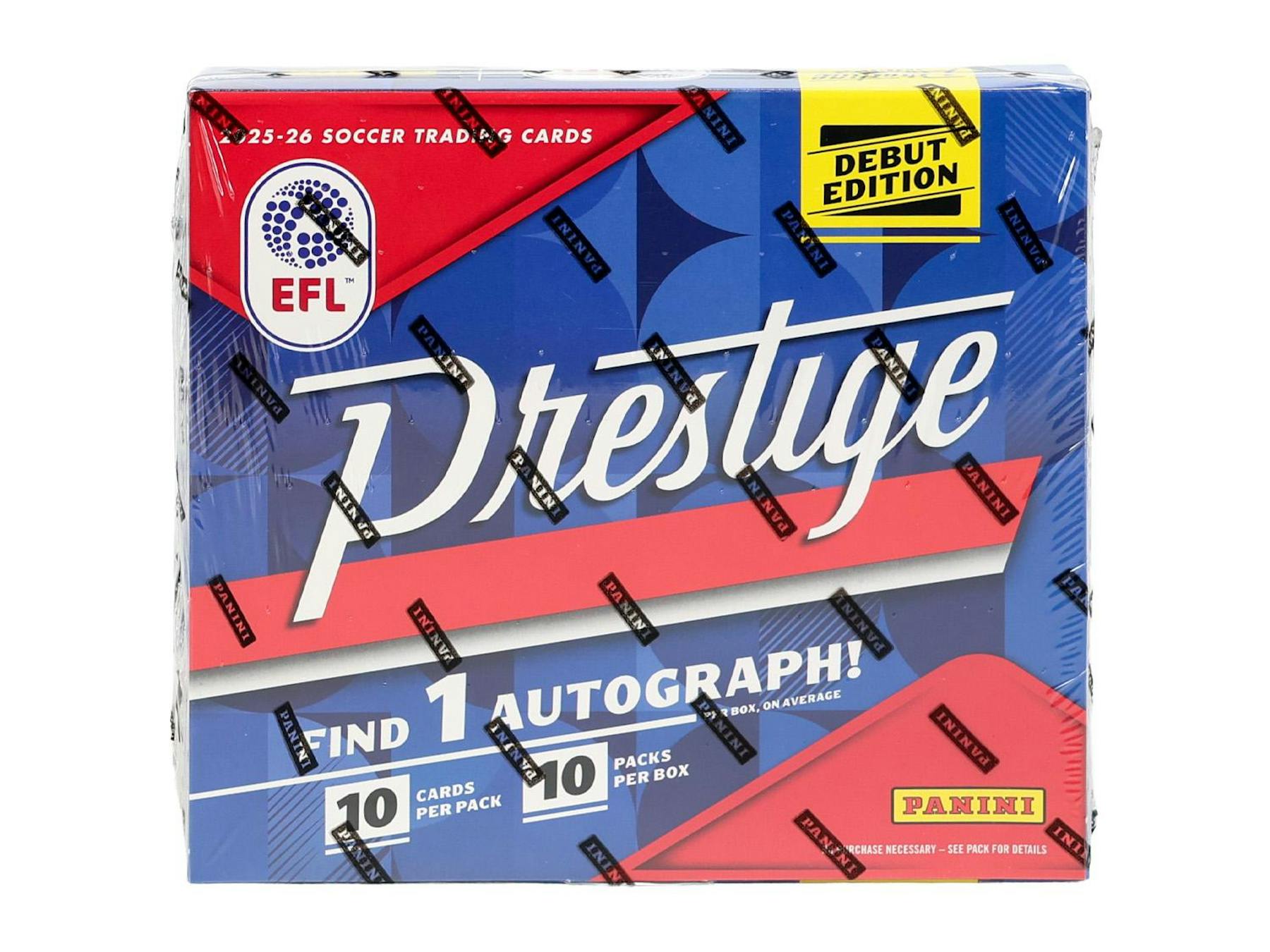 2025/26 Panini Prestige EFL Soccer Hobby Preferred Box featuring one autograph, Xtra Time parallels, and players from all 72 EFL clubs.
Back of the 2025/26 Panini Prestige EFL Soccer Hobby Preferred Box showing product details and pack configuration.
Packs from the 2025/26 Panini Prestige EFL Soccer Hobby Preferred Box featuring English Football League trading cards.
2025/26 Panini Prestige EFL Soccer Xtra Time Galaxy, Sunburst, Gold, Green, and Black parallel trading cards.